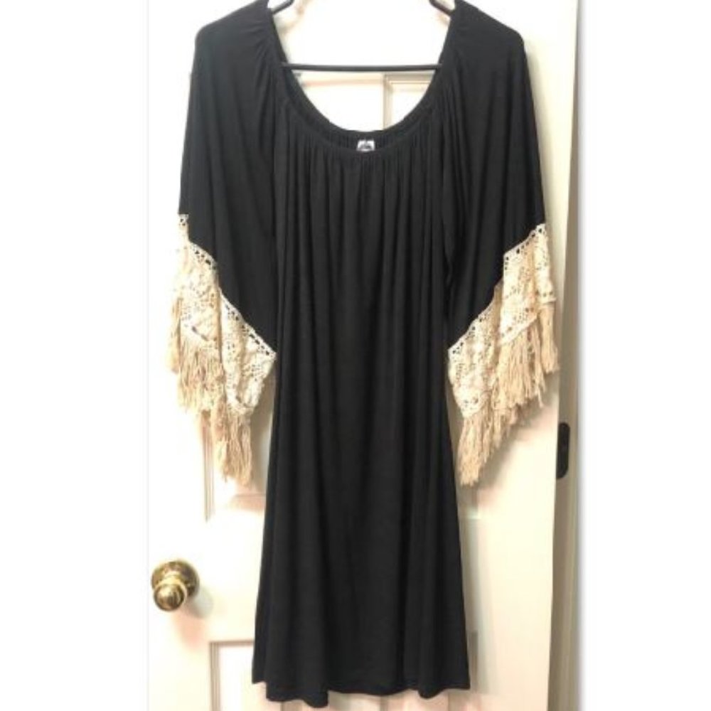 Black Dress with Cream Fringe Sleeves